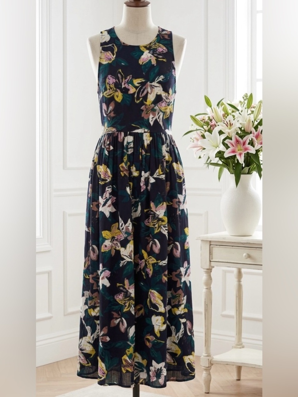 Wilfred| Aritzia| 100% Cotton Navy, Pink, Yellow Floral Halter Maxi Dress Sz XXS